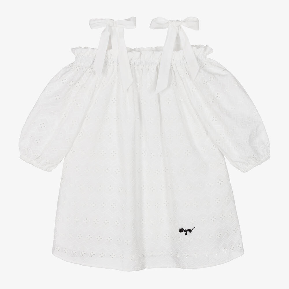 MSGM - Кремовое хлопковое платье с вышивкой английской гладью | Childrensalon