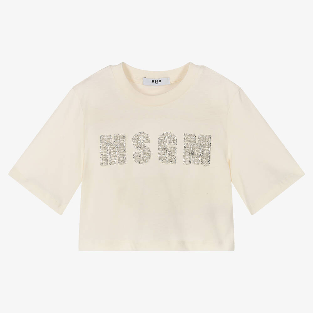 MSGM - Girls Ivory Logo Crop T-Shirt | Childrensalon