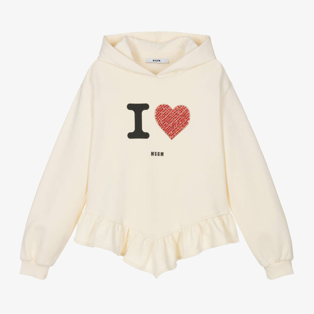 MSGM-Girls Ivory Sparkle Heart Hoodie | Childrensalon Outlet