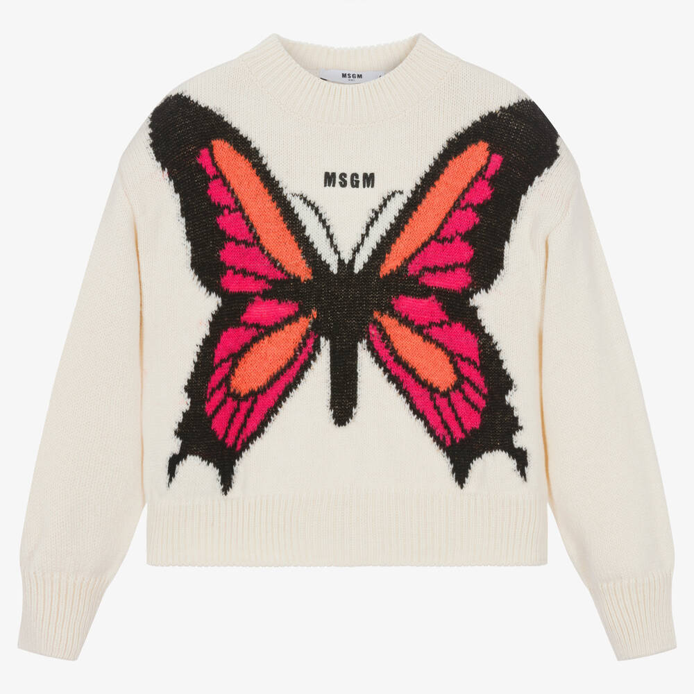 MSGM - Girls Ivory Wool Butterfly Sweater | Childrensalon