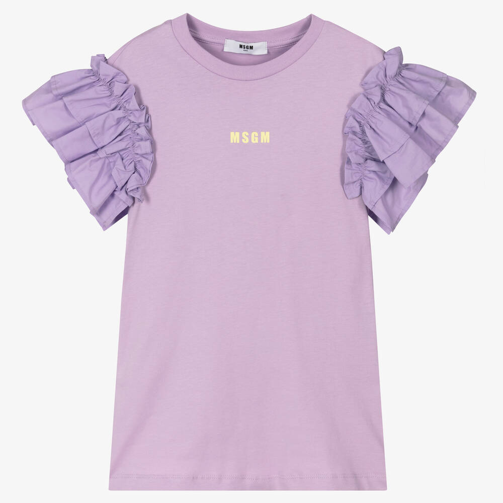 MSGM - Girls Lilac Ruffle Cotton Jersey Dress | Childrensalon