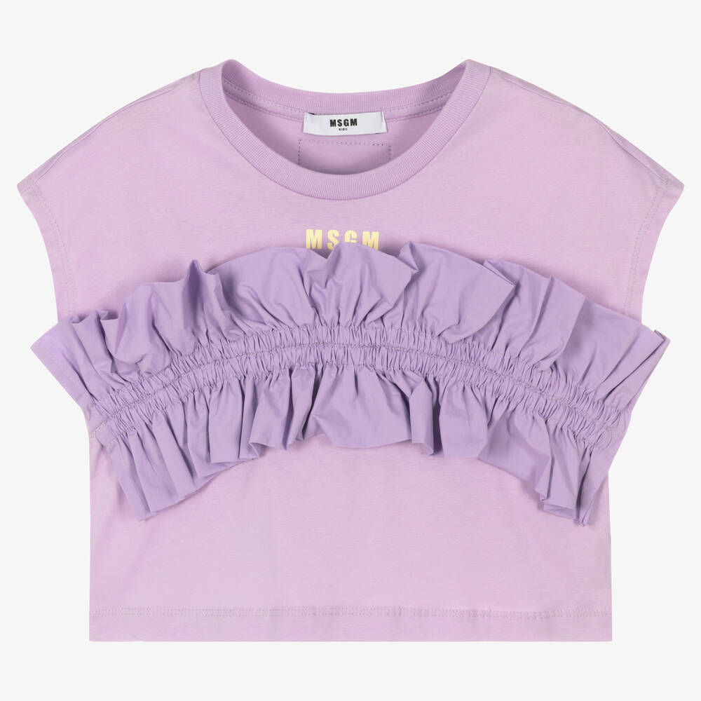 MSGM - Girls Lilac Ruffle Cotton T-Shirt | Childrensalon