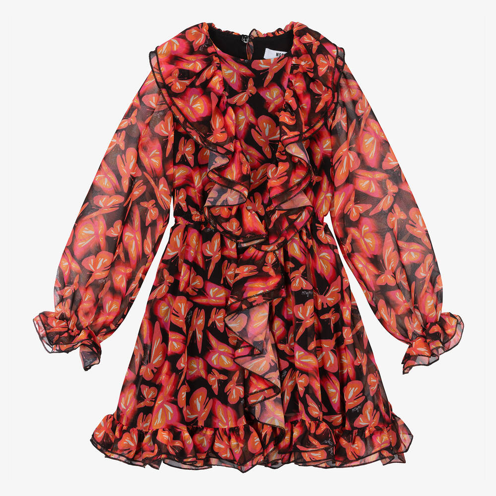 MSGM - Черное платье с оранжевыми бабочками | Childrensalon
