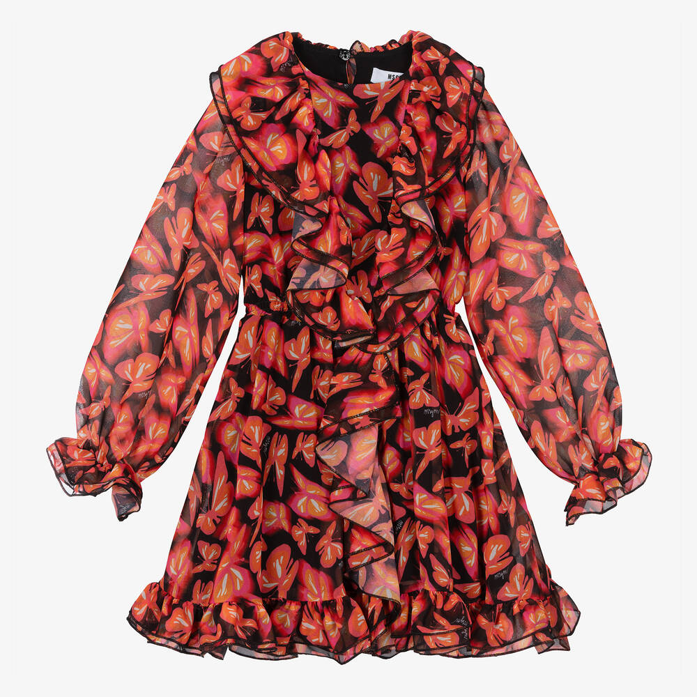 MSGM - Robe orange et noire Papillon Fille | Childrensalon