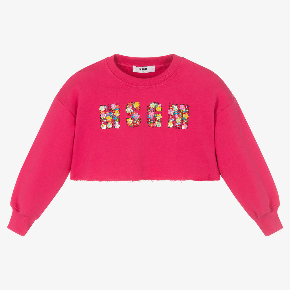 MSGM - Girls Pink Beaded Logo Cropped Sweatshirt | Childrensalon