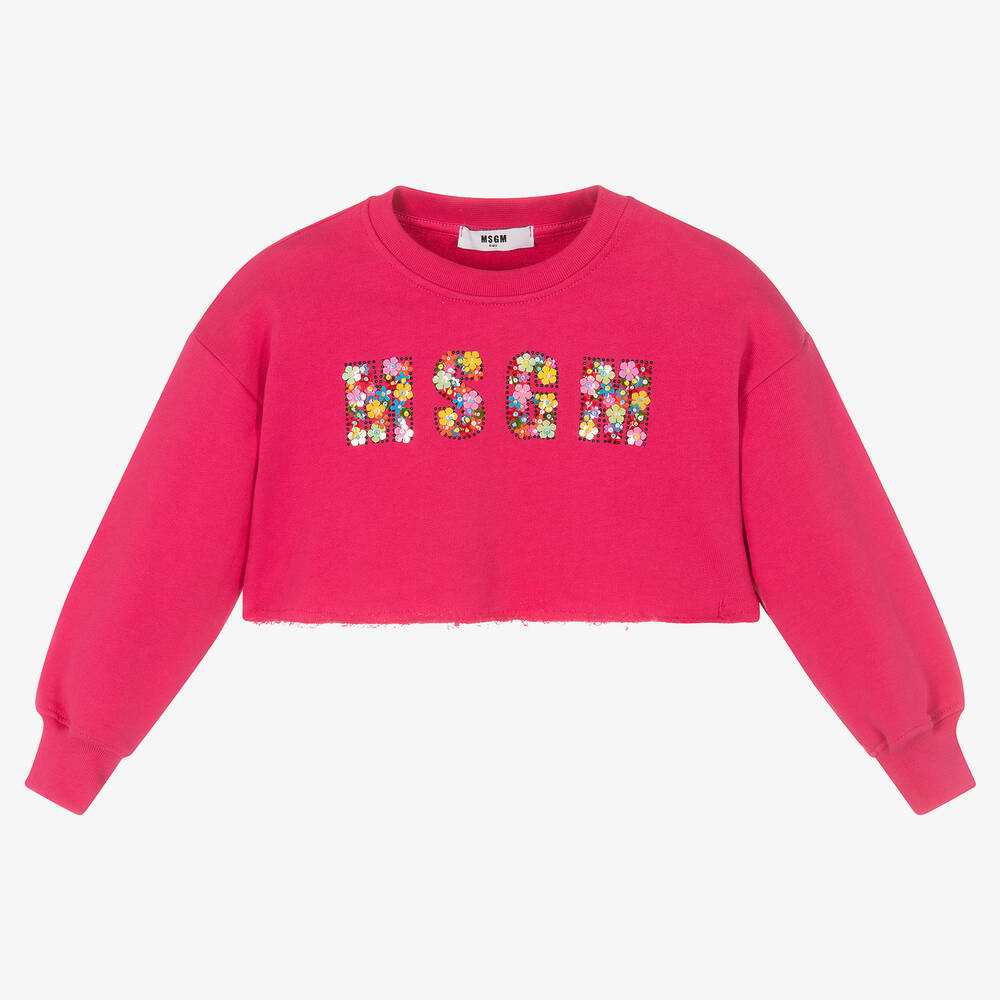 MSGM - سويتشيرت قصير قطن لون زهري فيوشيا للبنات | Childrensalon