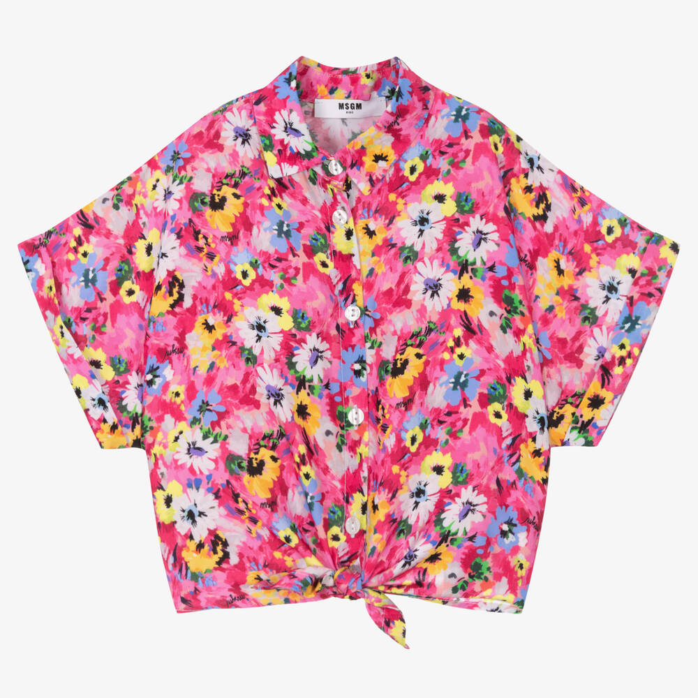 MSGM - Girls Pink Cropped Floral Blouse | Childrensalon