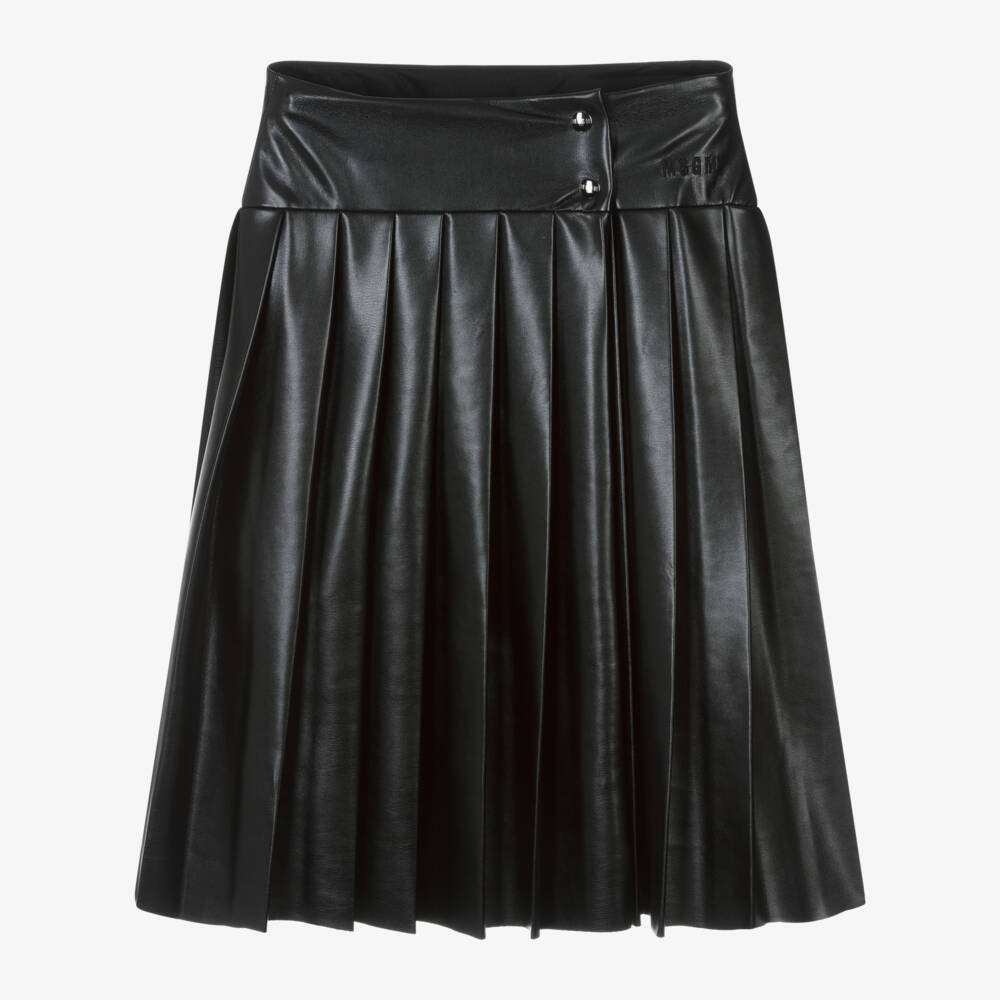 MSGM-Girls Pleated Black Faux Leather Skirt | Childrensalon Outlet