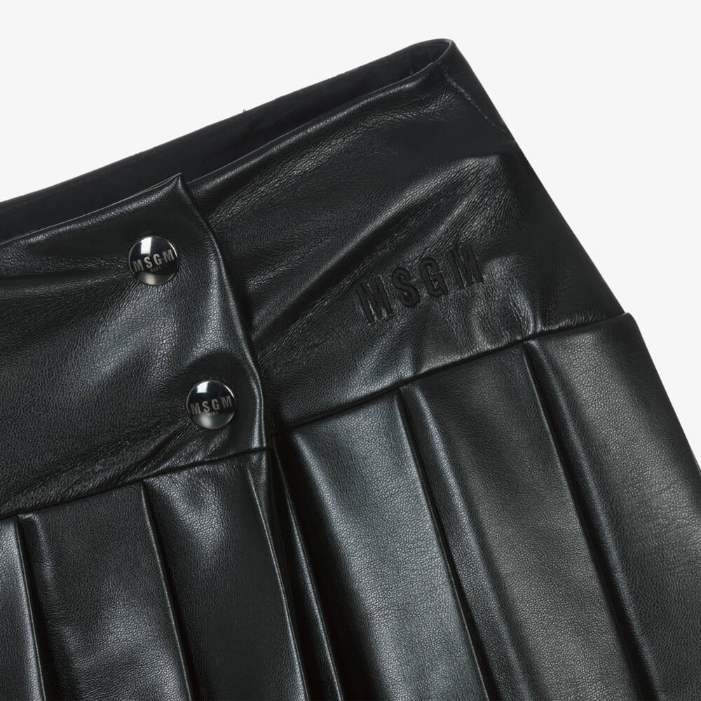 MSGM-Girls Pleated Black Faux Leather Skirt | Childrensalon Outlet