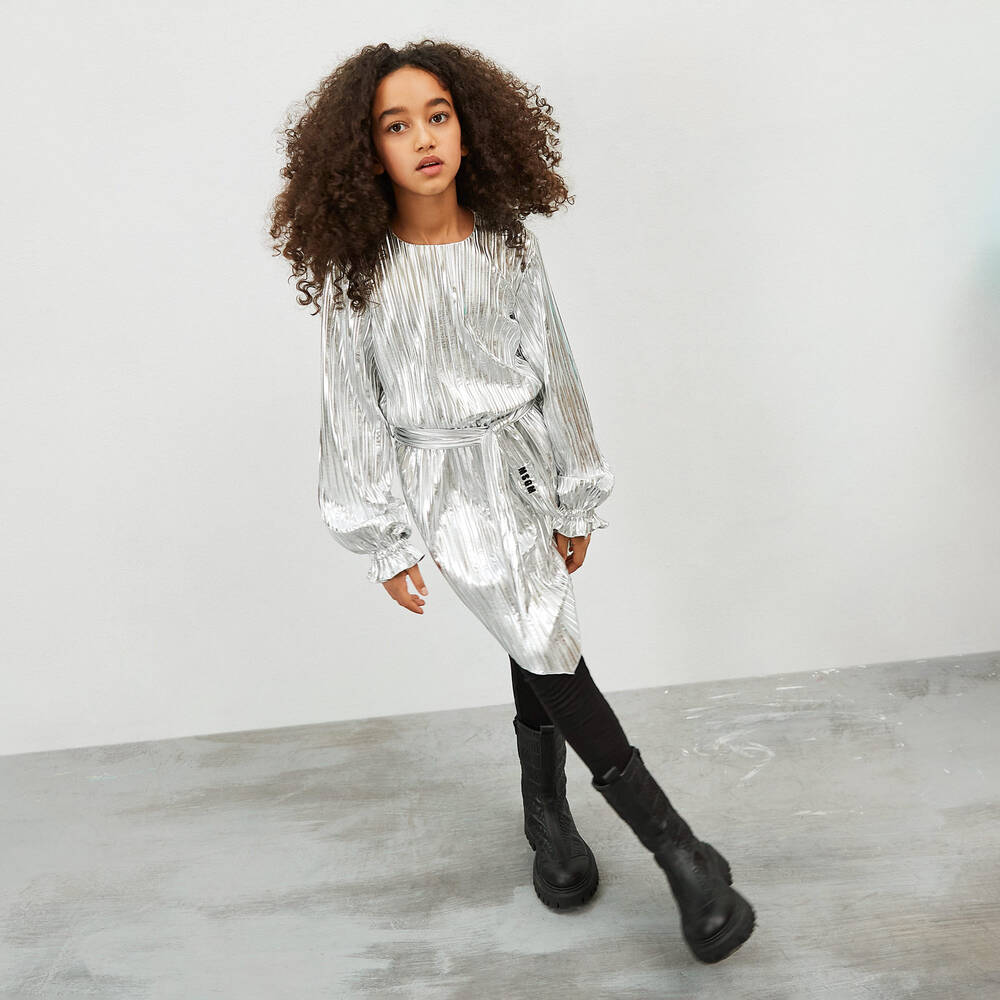 MSGM-Плиссированное платье цвета серебристый металлик | Childrensalon Outlet