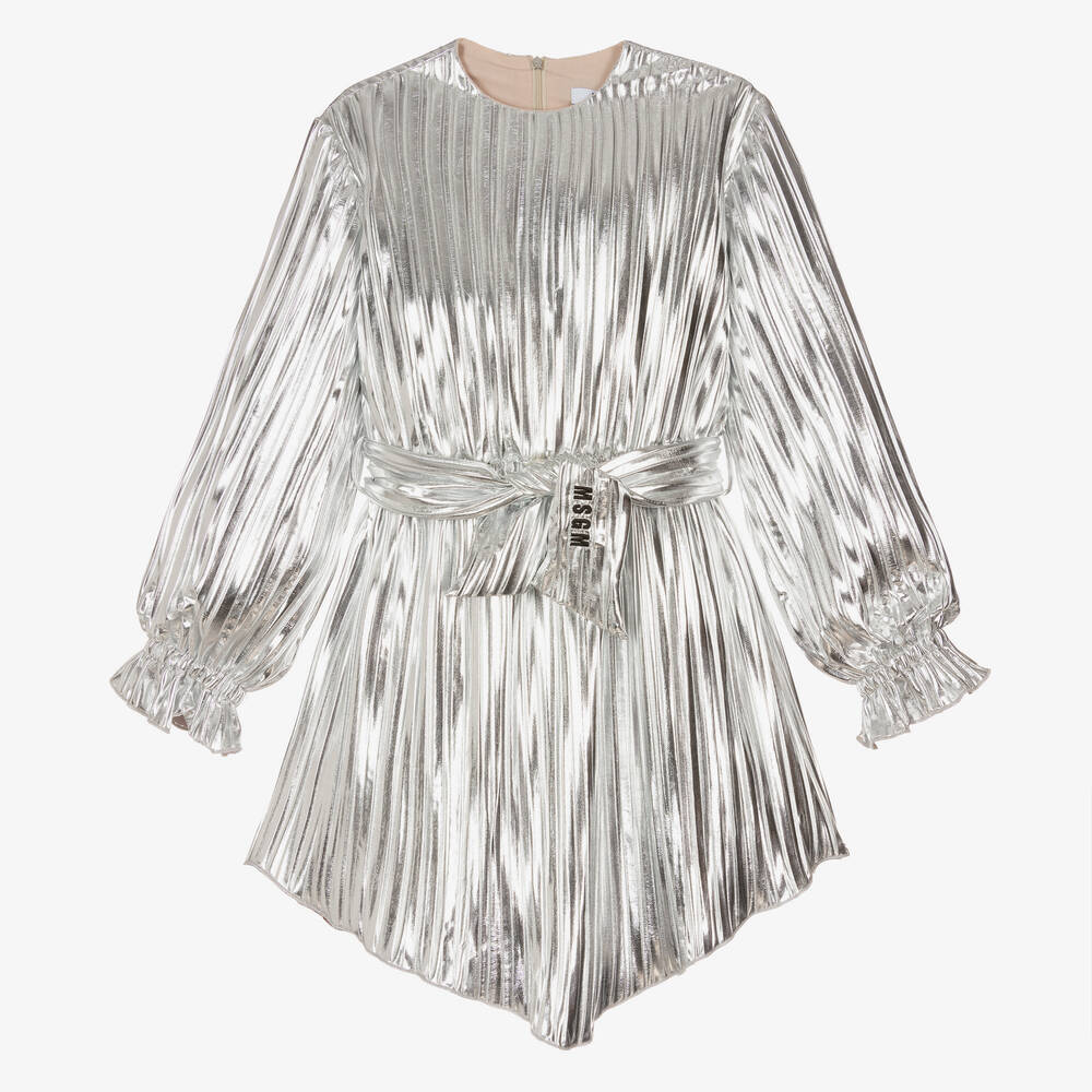 MSGM Girls Pleated Metallic Silver Dress Childrensalon Outlet
