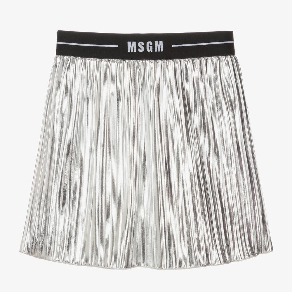 MSGM - Girls Pleated Metallic Silver Skirt | Childrensalon