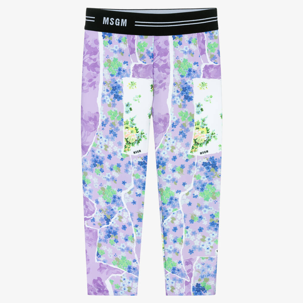 MSGM - Girls Purple Floral Leggings | Childrensalon