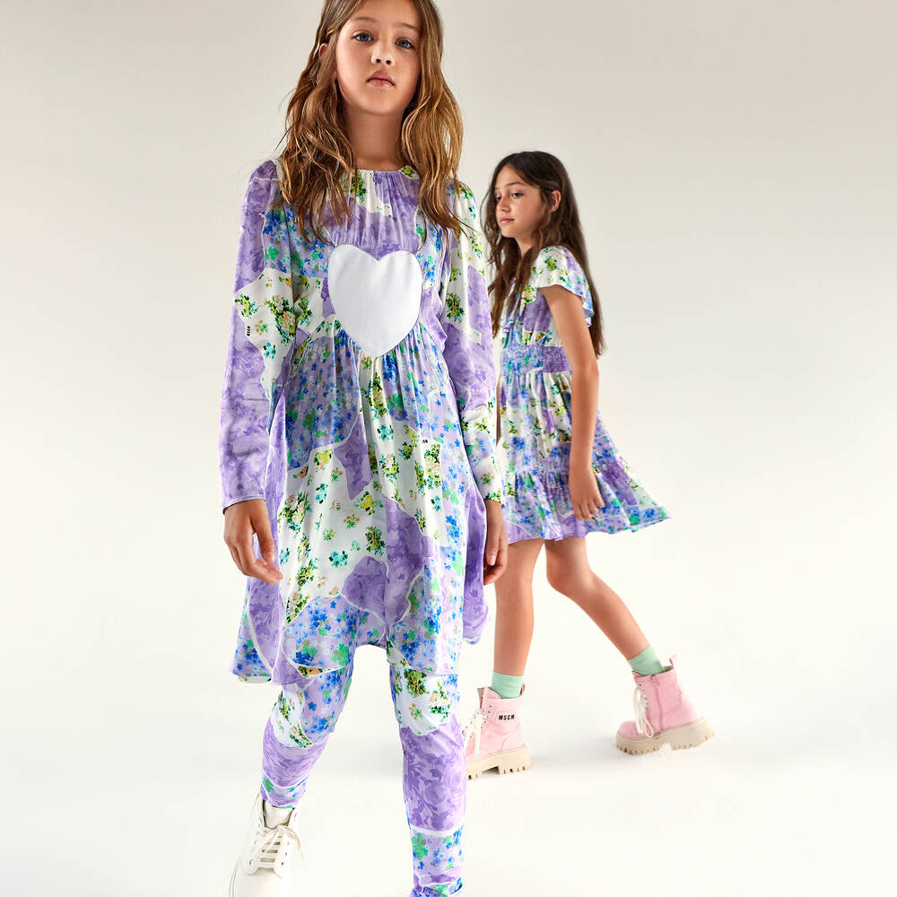 MSGM Girls Purple Floral Viscose Dress Childrensalon Outlet