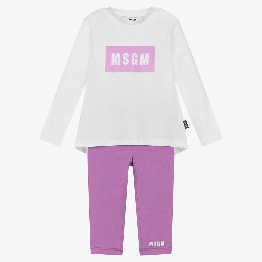 MSGM - طقم ليقنز  قطن جيرسي لون بنفسجي وأبيض للبنات | Childrensalon