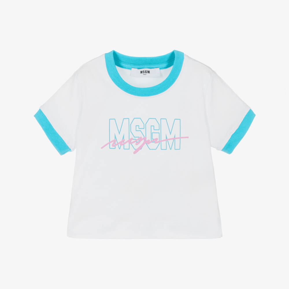 MSGM-تيشيرت قطني ناعم أبيض للبنات بشعار | Childrensalon Outlet