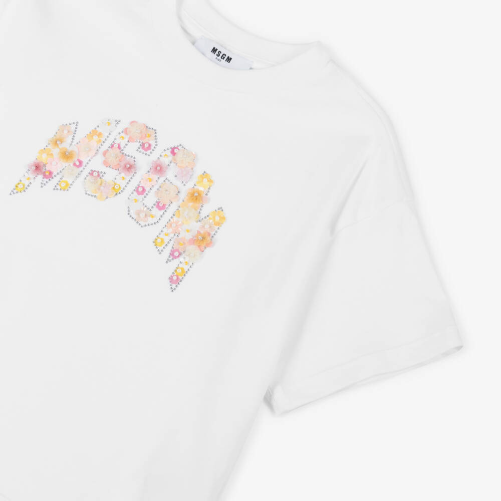 MSGM-Белая блестящая футболка с цветочным узором для девочек | Childrensalon Outlet
