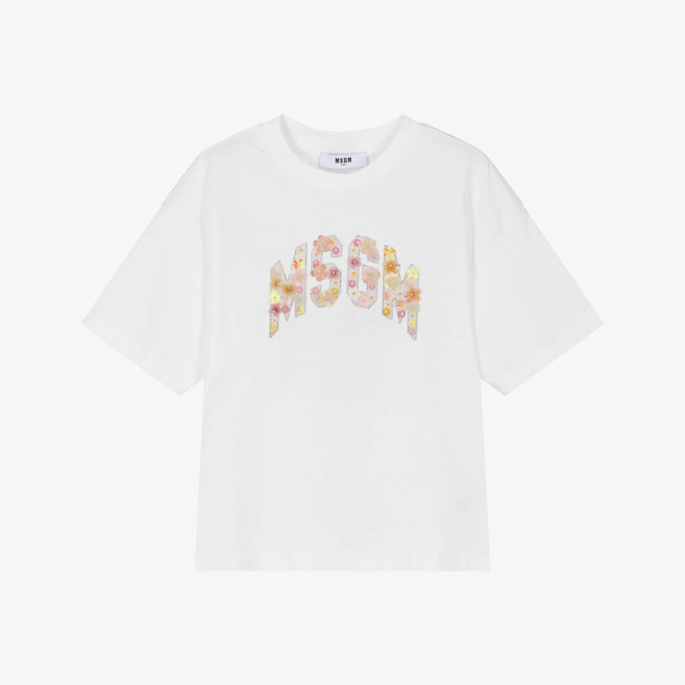 MSGM-Girls Sparkling Floral White Tee | Childrensalon Outlet