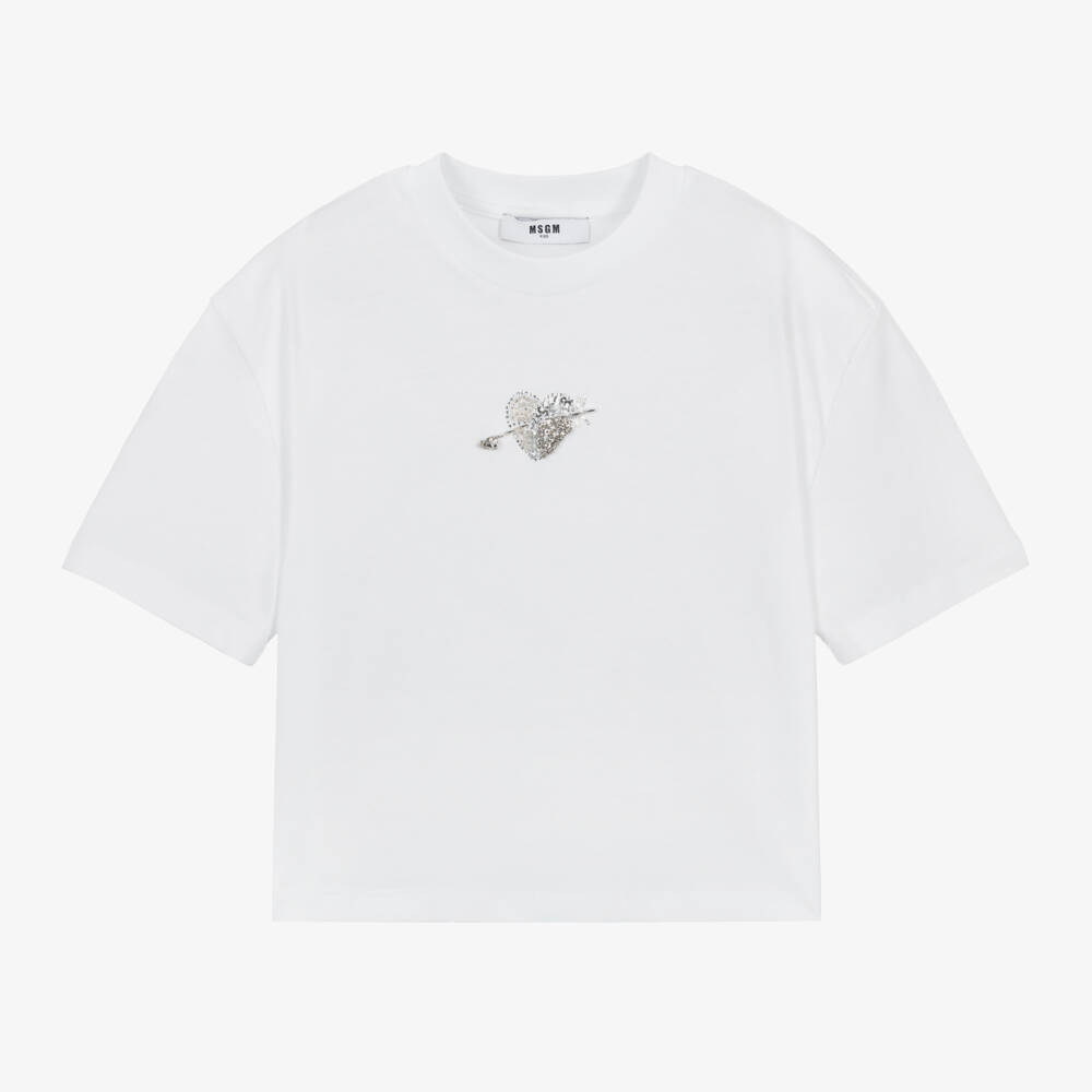 MSGM-Girls Sparkling Heart White Tee | Childrensalon Outlet