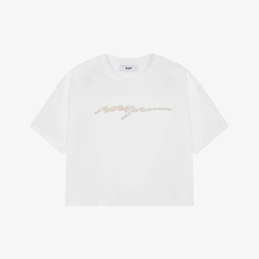 MSGM-Girls Sparkling White Cotton Tee | Childrensalon Outlet