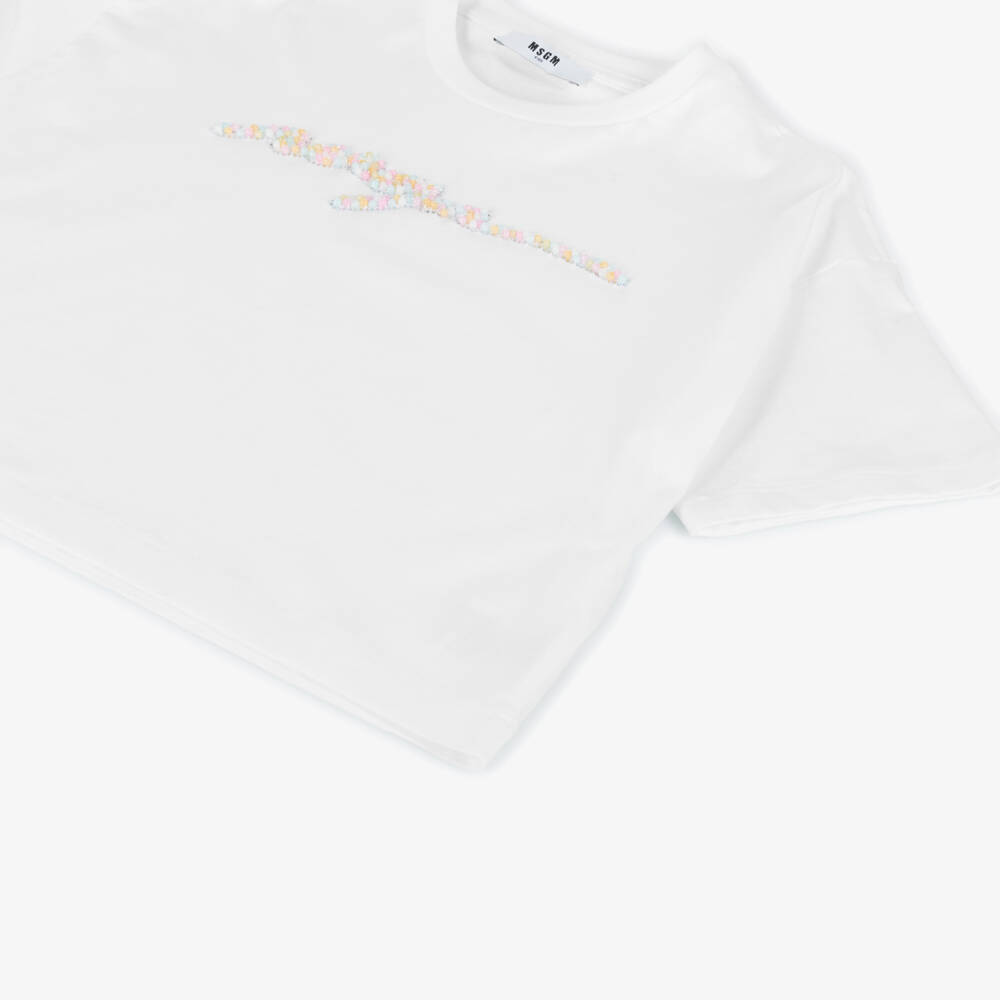 MSGM-Girls Sparkling White Cotton Tee | Childrensalon Outlet