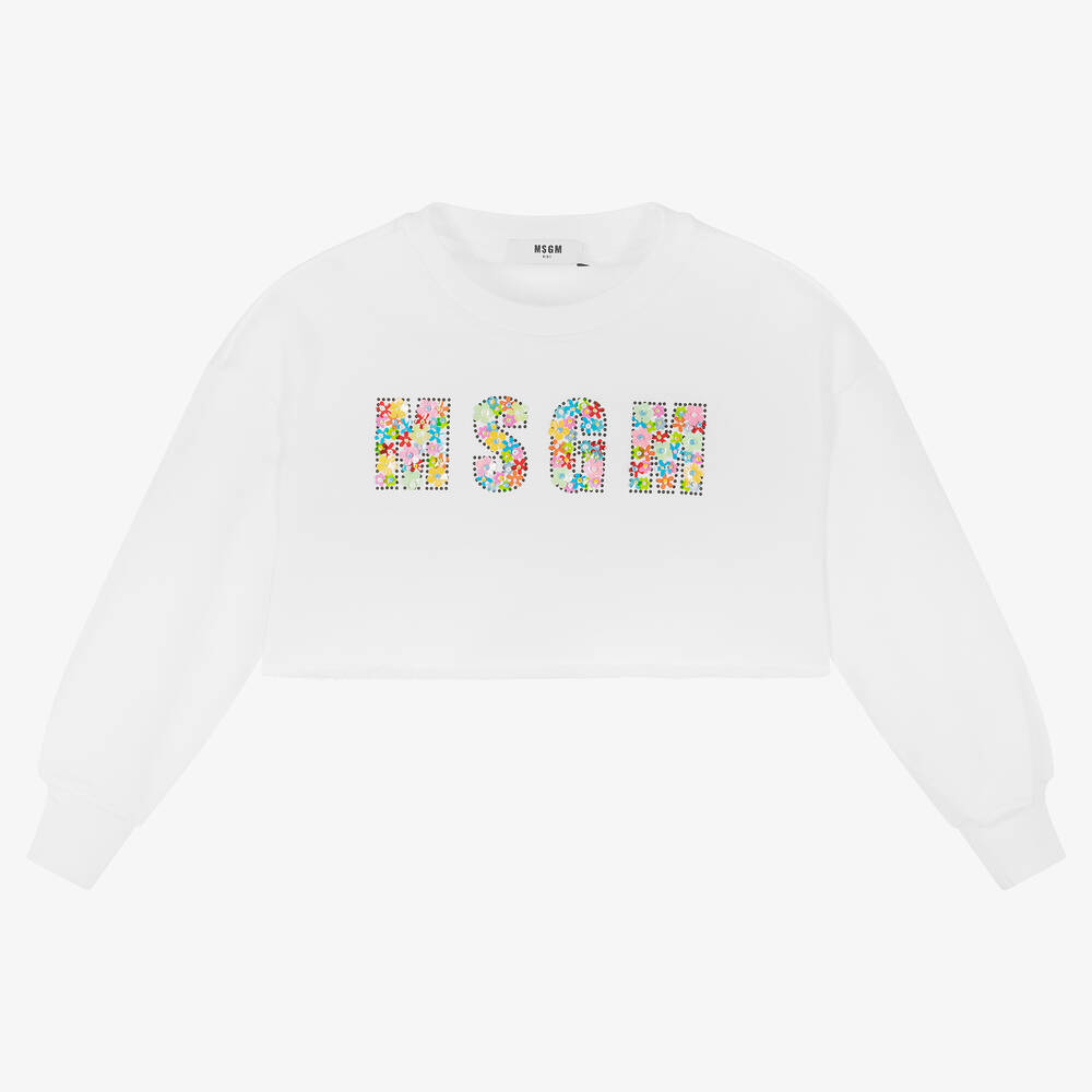 MSGM - Girls White Beaded Logo Cropped Sweatshirt | Childrensalon