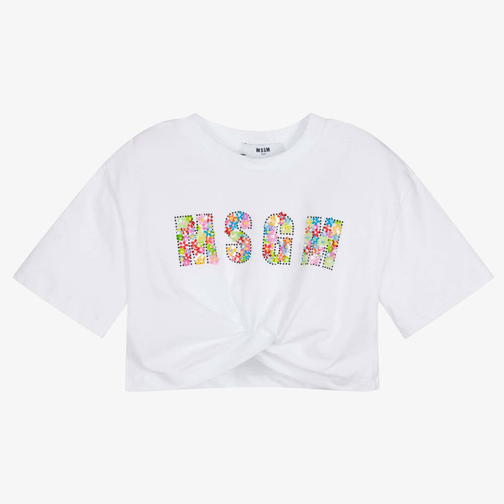 MSGM-Girls White Beaded Logo T-Shirt | Childrensalon Outlet