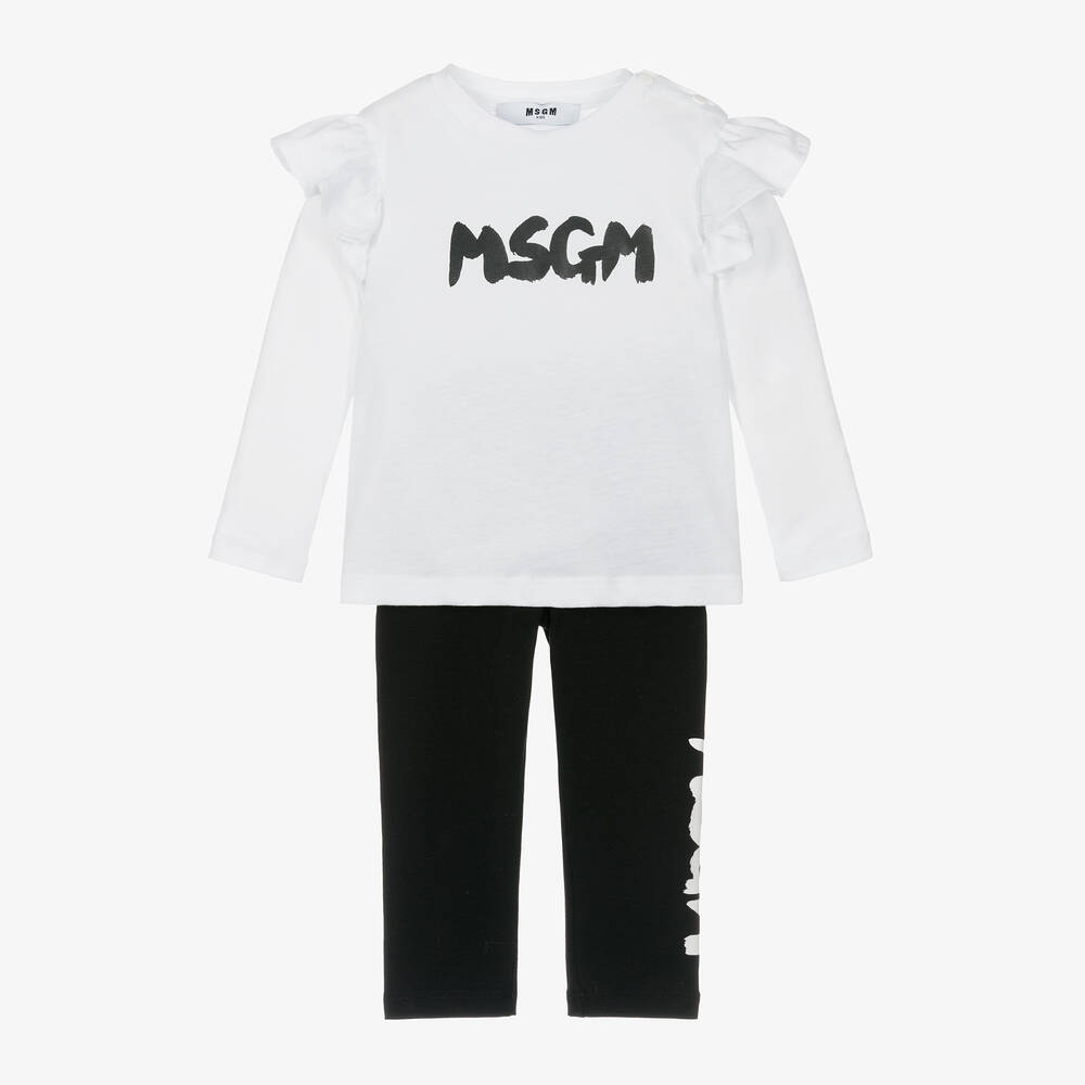 MSGM-Girls White & Black Cotton Leggings Set | Childrensalon Outlet