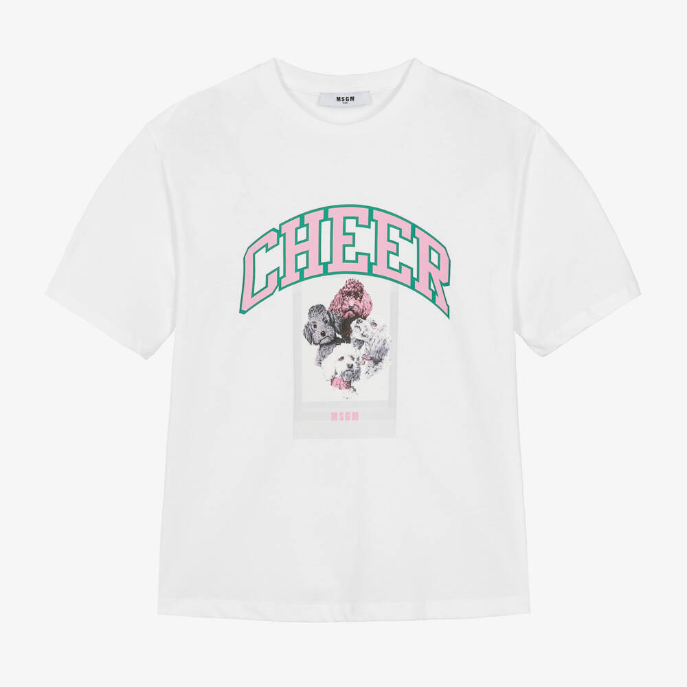 MSGM-Белая хлопковая футболка с собачками Varsity для девочек | Childrensalon Outlet
