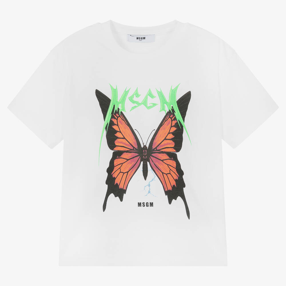 MSGM - Girls White Cotton Butterfly T-Shirt | Childrensalon