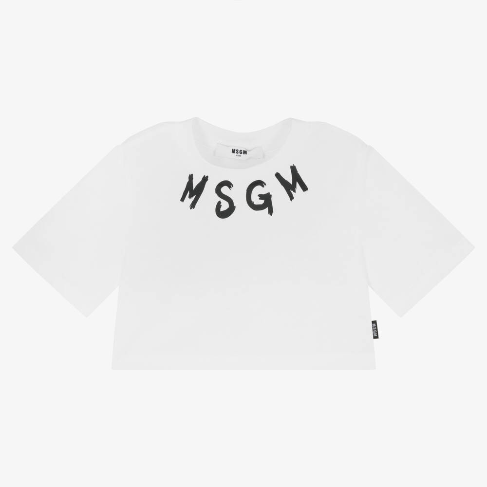 MSGM - Girls White Cotton Cropped Logo T-Shirt | Childrensalon