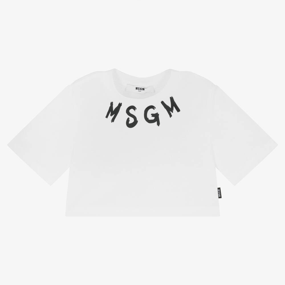 MSGM - تيشيرت كروب قطن لون أبيض للبنات | Childrensalon