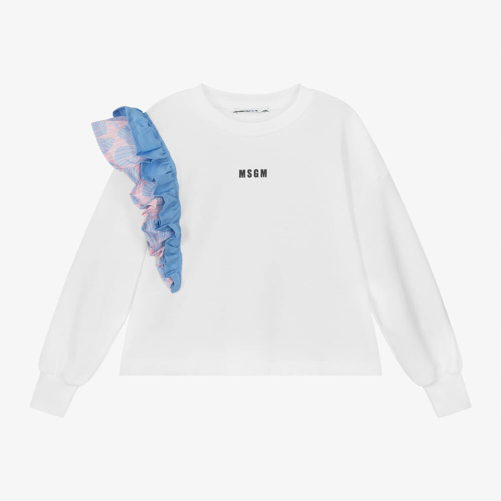 MSGM-Girls White Cotton Frill Sweatshirt | Childrensalon Outlet
