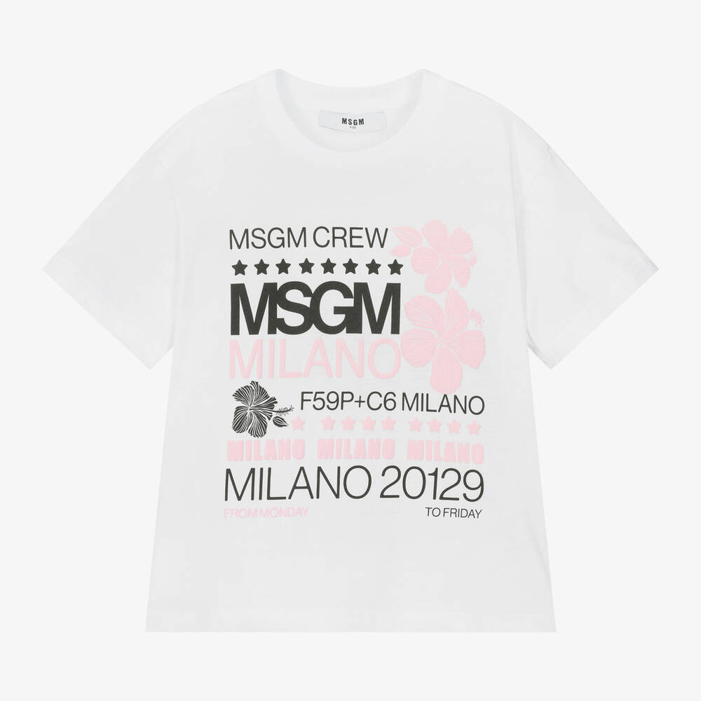 MSGM-Girls White Cotton Graphic T-Shirt | Childrensalon Outlet