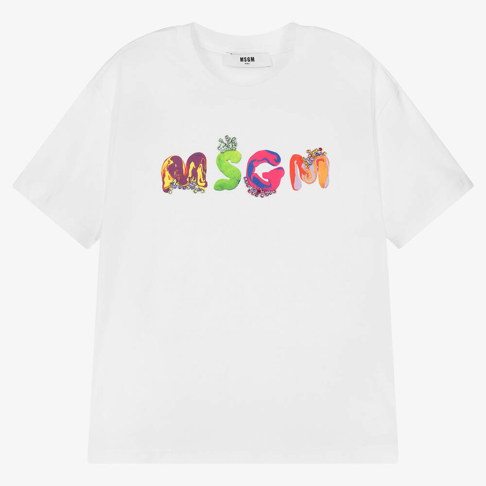 MSGM - Girls White Cotton Jewel T-Shirt | Childrensalon