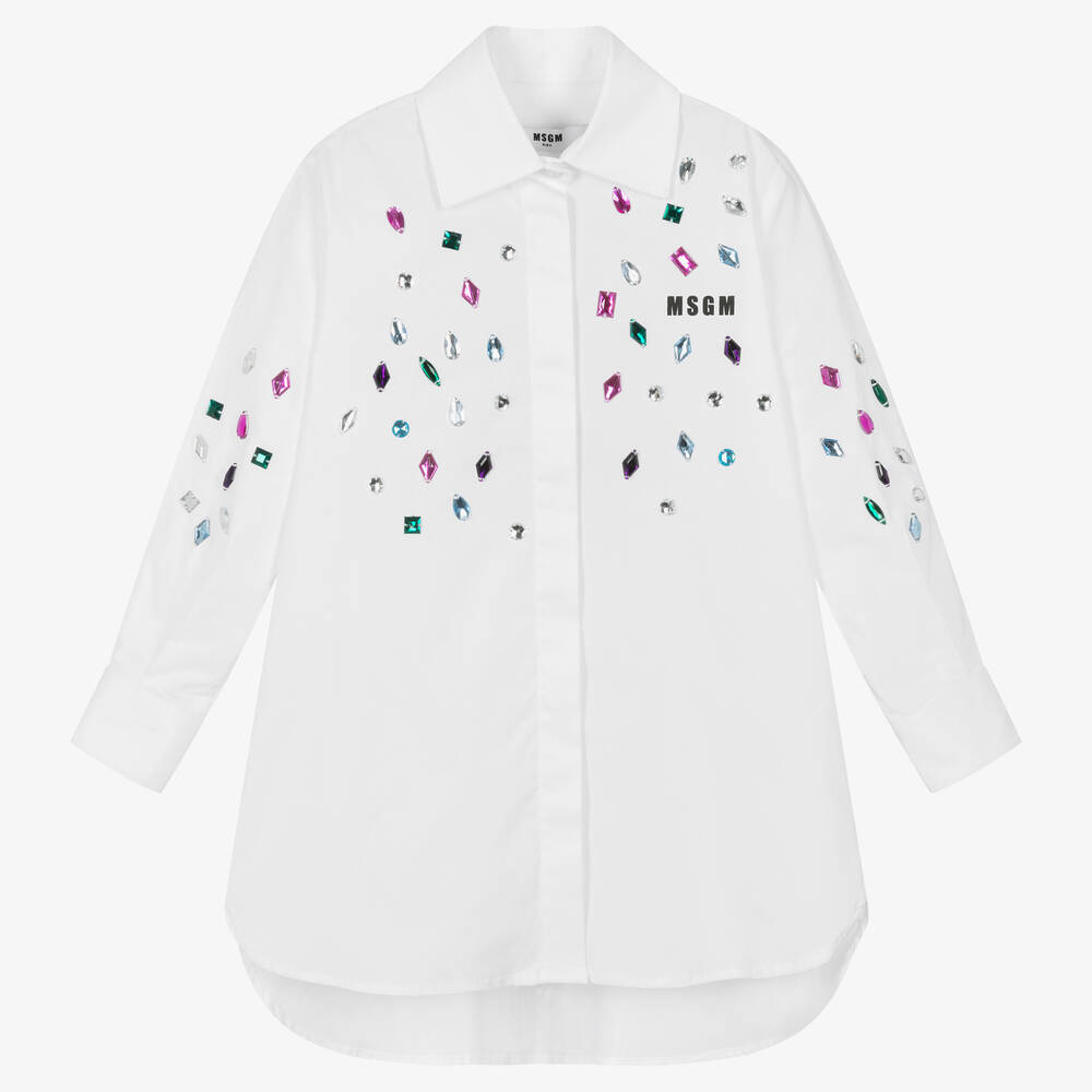 MSGM-Белое хлопковое платье-рубашка со стразами | Childrensalon Outlet
