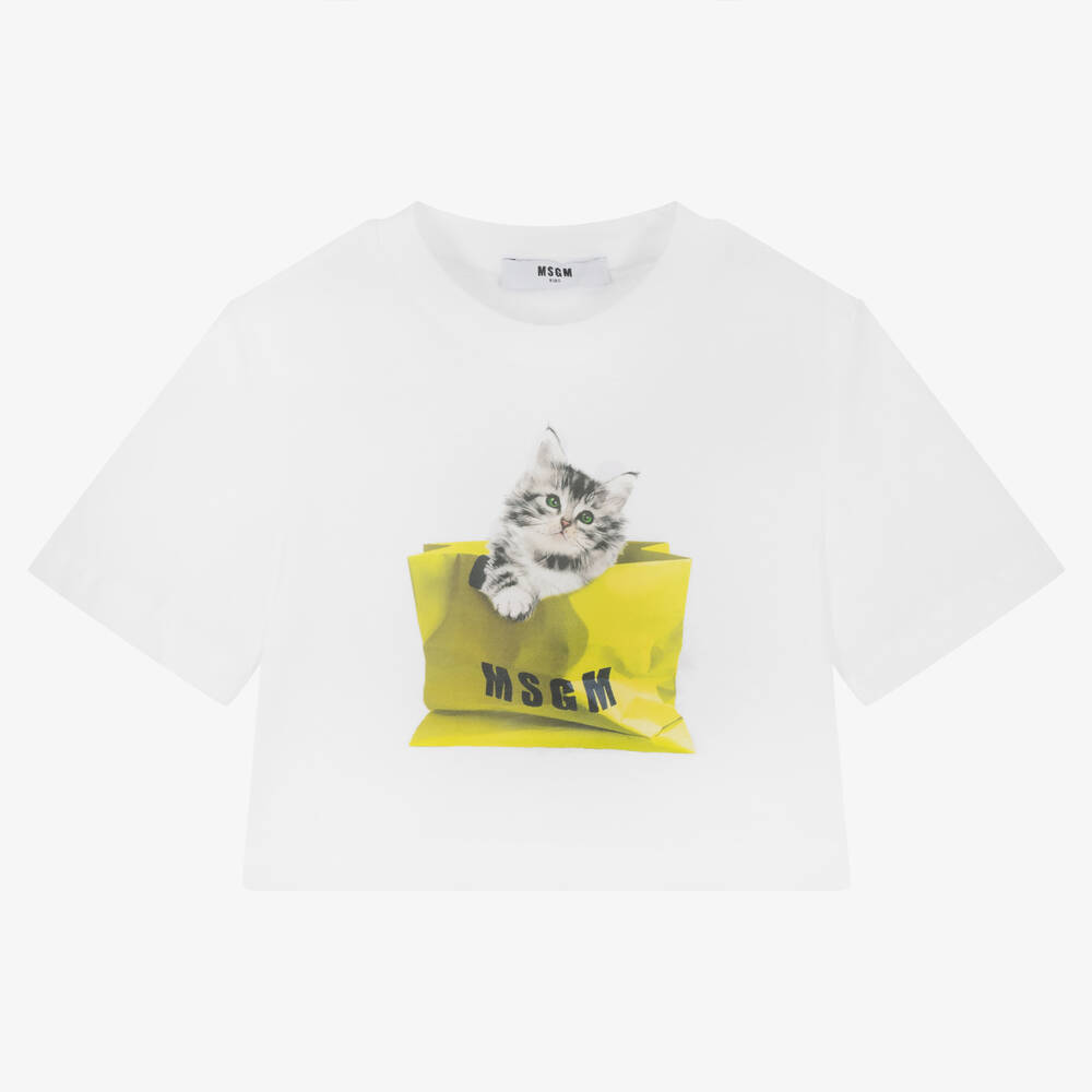 MSGM - Белая хлопковая футболка с котенком | Childrensalon