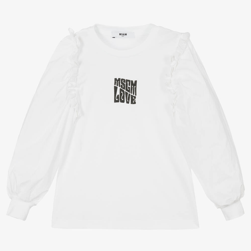 MSGM Girls White Cotton Logo Top Childrensalon Outlet