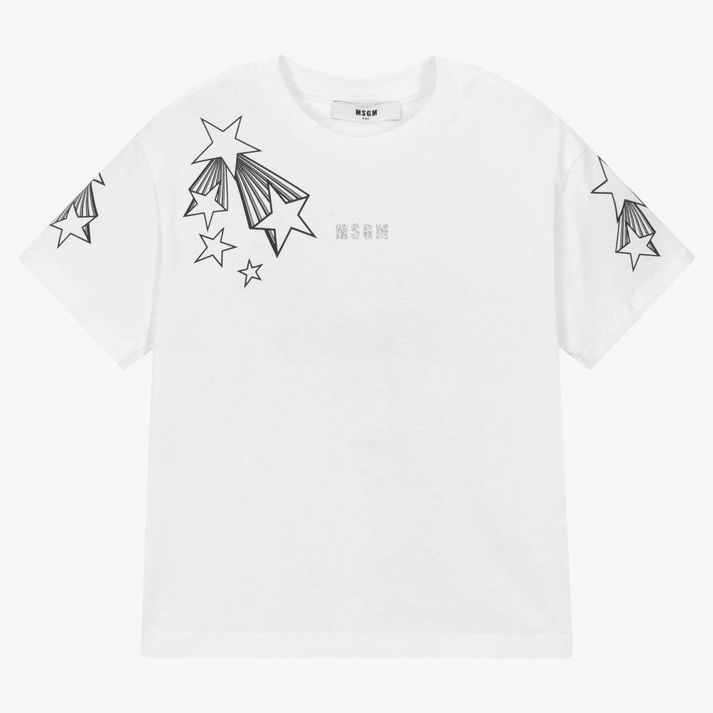 MSGM-Белая хлопковая футболка со звездами | Childrensalon Outlet