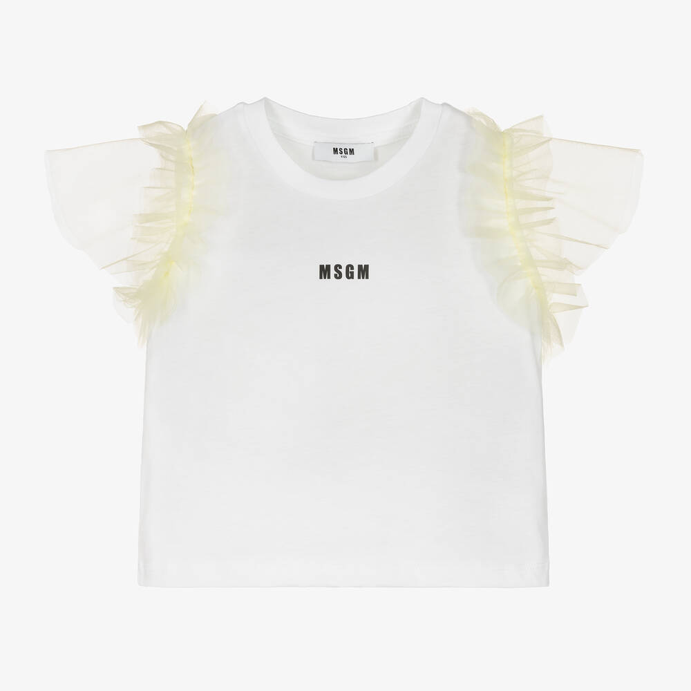 MSGM-Girls White Cotton & Tulle Sleeve T-Shirt | Childrensalon Outlet