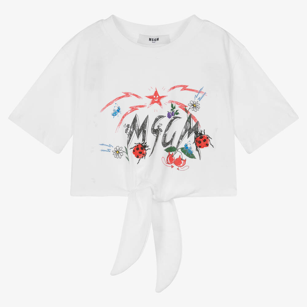 MSGM - Girls White Cropped Logo T-Shirt | Childrensalon