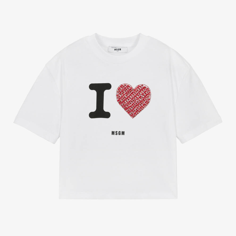 MSGM-Girls White Heart Cotton Tee | Childrensalon Outlet