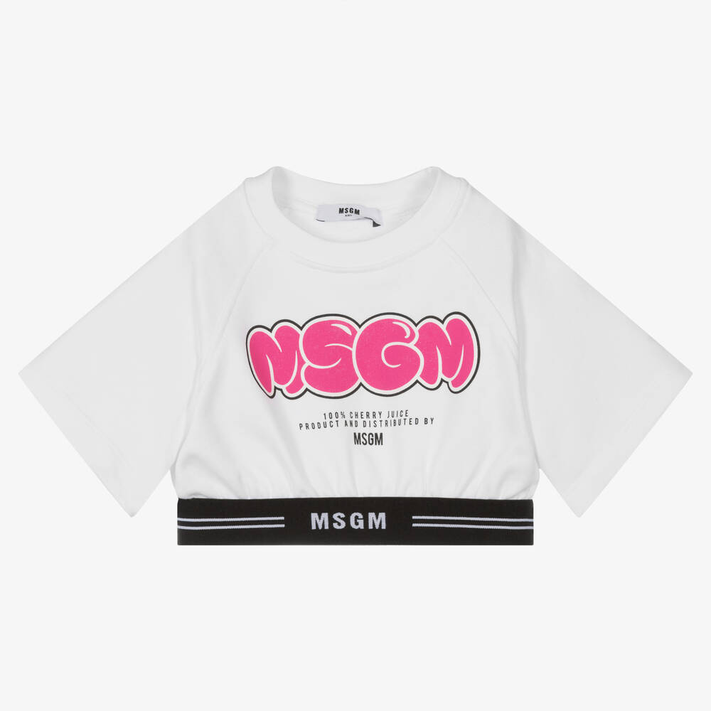 MSGM Girls White Logo Cropped Top Childrensalon Outlet