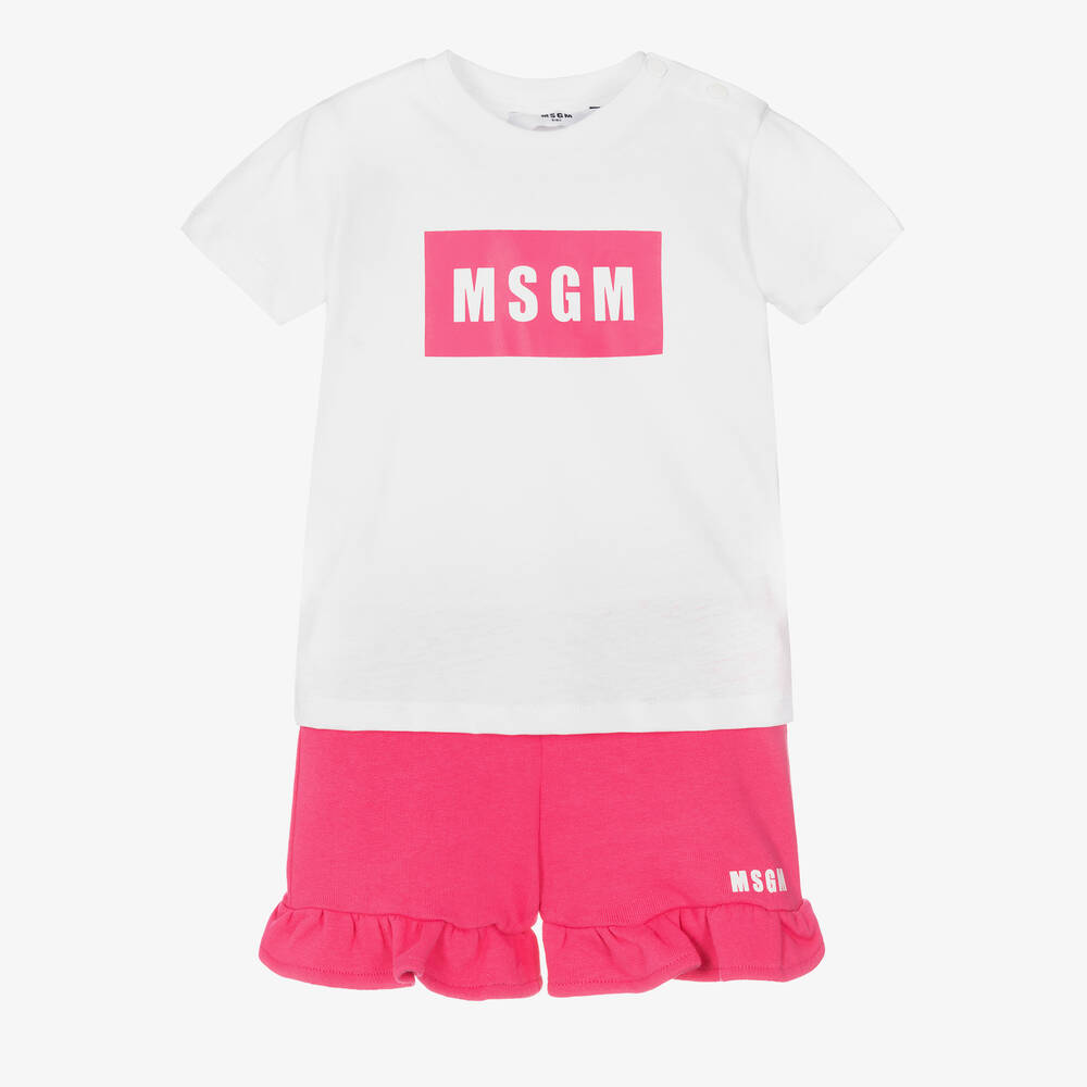 MSGM-Girls White & Pink Cotton Shorts Set | Childrensalon Outlet