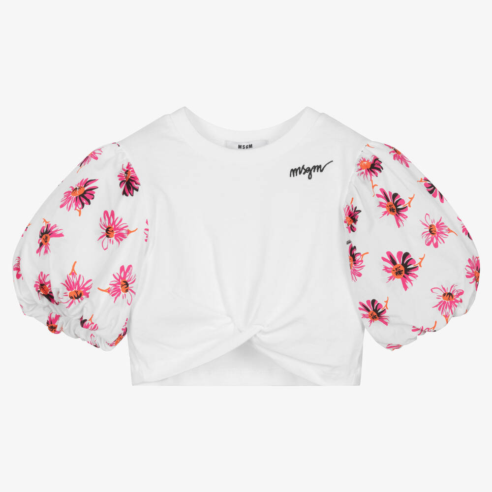 MSGM - Girls White & Pink Crop Top | Childrensalon