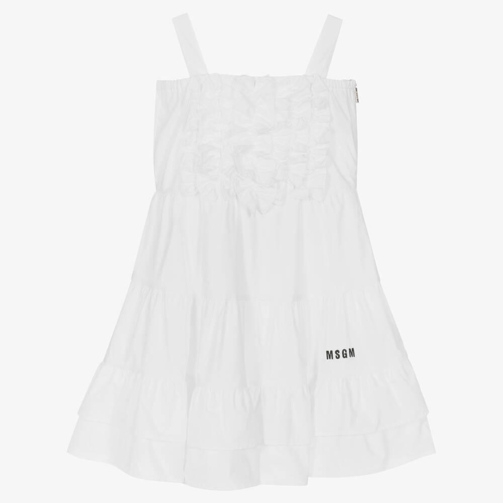 MSGM - فستان قطن بوبلين مزين بكشكش لون أبيض | Childrensalon