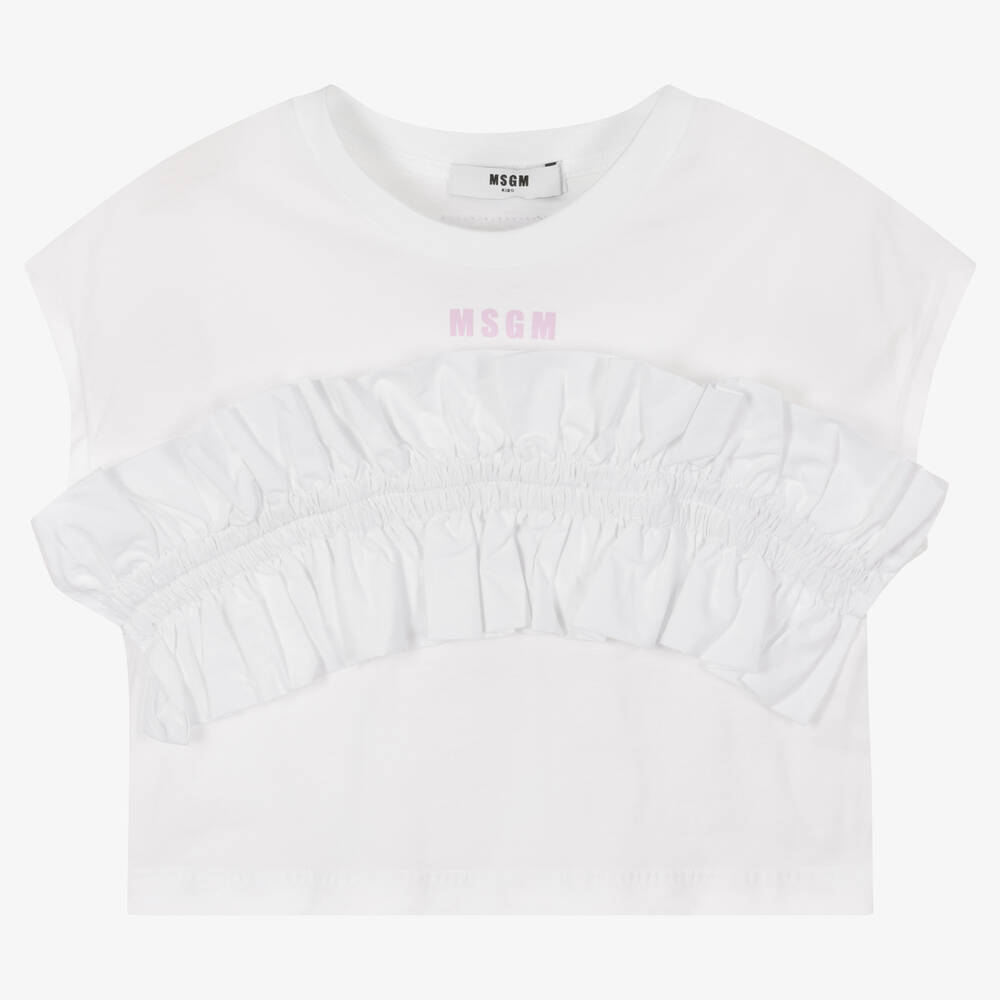 MSGM - Girls White Ruffle Cotton T-Shirt | Childrensalon