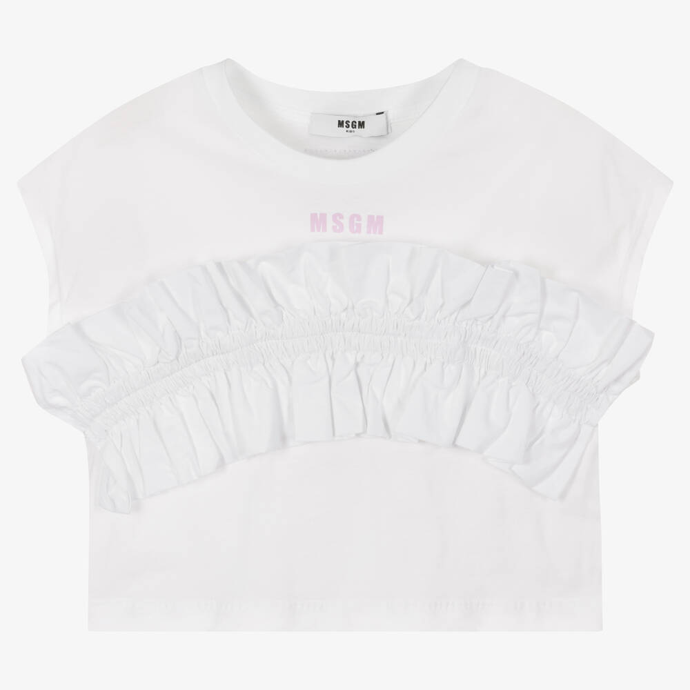 MSGM-Girls White Ruffle Cotton T-Shirt | Childrensalon Outlet