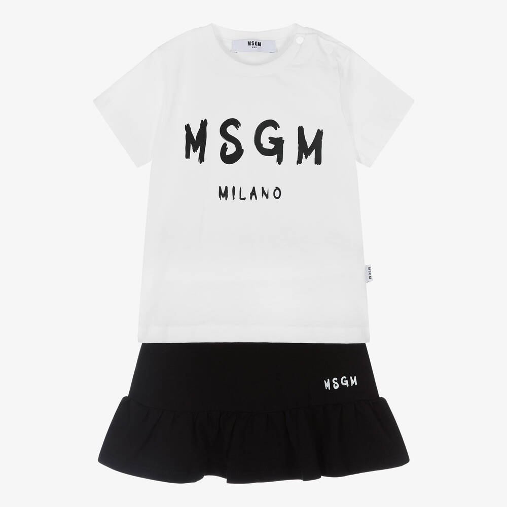 MSGM - طقم تنورة وتوب أطفال بناتي قطن لون أبيض وأسود | Childrensalon