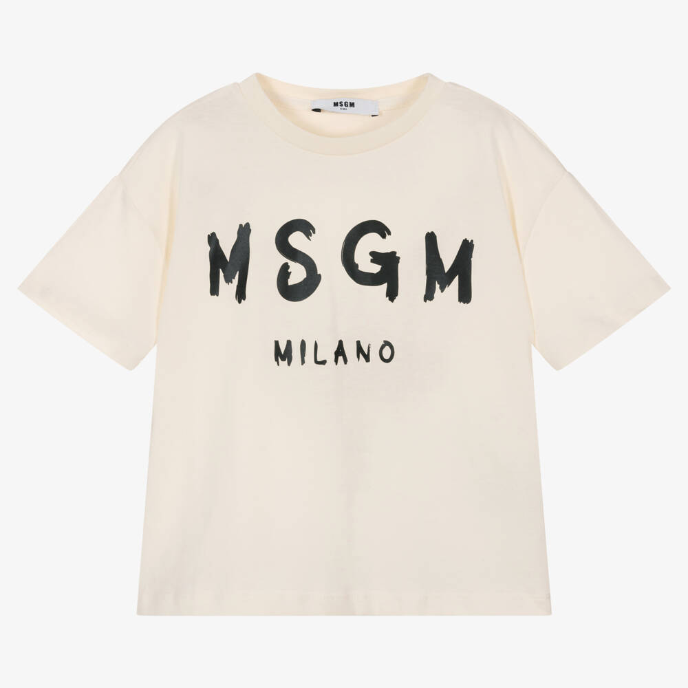 MSGM-Ivory Cotton T-Shirt With Signature Logo | Childrensalon Outlet